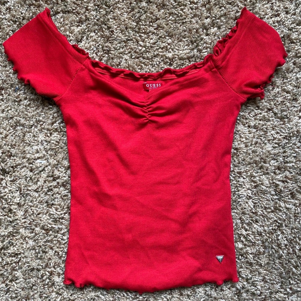 Guess Red Off the Shoulder Crop Top
